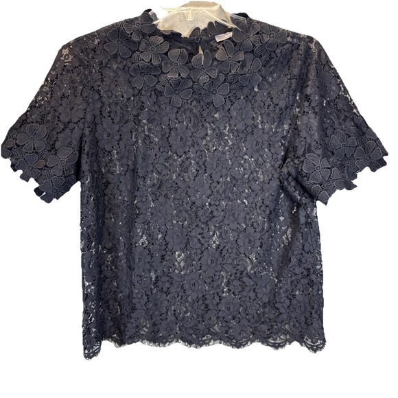 ANTHROPOLOGIE BLUE TASSEL TOP WOMENS SIZE BLACK LACE - Picture 1 of 8